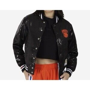 Mitchell & Ness KNICKS Sz S Women's Black Sequin Varsity Snap Up Jacket NWT